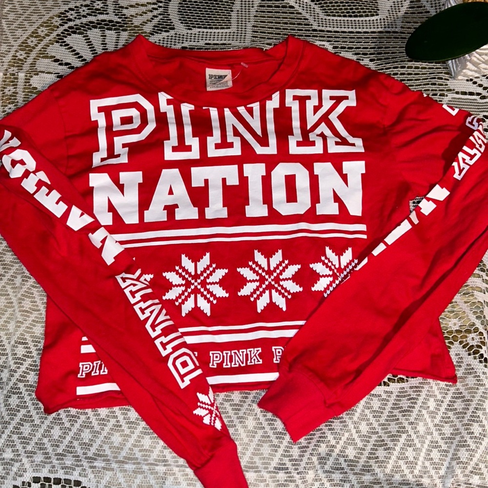 Pink Nation long crop top t-shirt size XS color red gently used.